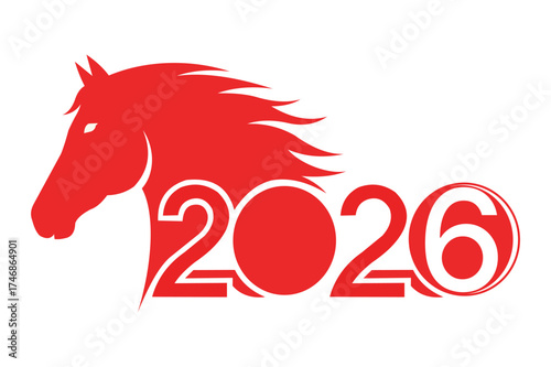 Stylized Red Horse Head with Flowing Mane Forming the Year 2026 in a Modern Artistic Design