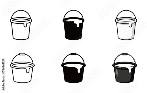 Paint Bucket Icon Set - Outline, Solid, and Colorful Vector Symbol of Decorating, Painting, and Renovation