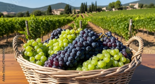 Fresh Grapes in Basket with Mediterranean Vineyard Backdrop Natural Light Capture