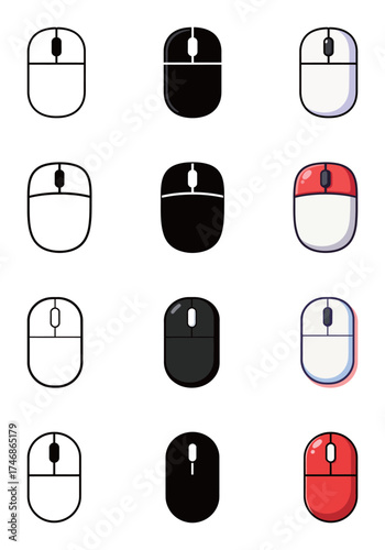 Computer Mouse Icon Set - Outline, Solid, and Colorful Vector Symbol of Cursor, Click, and Digital Technology
