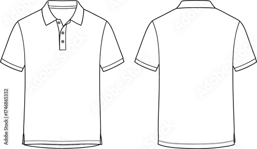 Short sleeve polo shirt flat sketch, front and back view, fashion illustration, technical drawing, casual apparel design, clothing construction detail