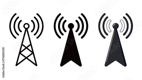 Signal Tower Antenna Icon Set - Outline, Solid, and Colorful Vector Symbol of Wifi, Communication, and Network