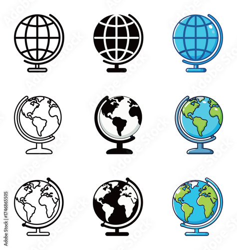 World Globe Map Icon Set - Outline, Solid, and Colorful Vector Symbol of Earth, Travel, and Global Business