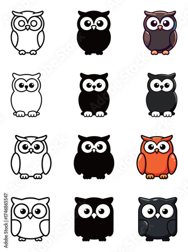 Cute Cartoon Owl Icon Set - Various Styles and Colors Vector Symbol of Bird, Wisdom, and Education