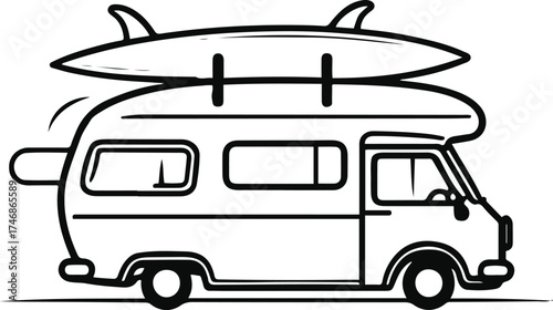 Smooth minimalist line art of a camper van with surfboard on top 2