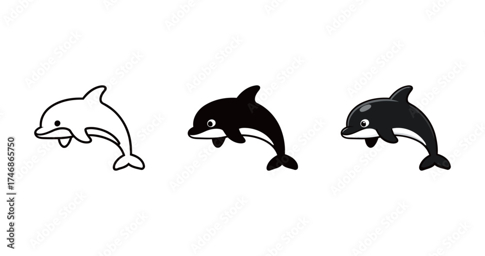 Naklejka premium Cute Cartoon Dolphin Icon Set - Outline, Solid, and Colorful Vector Symbol of Sea Animal, Marine Life, and Joy