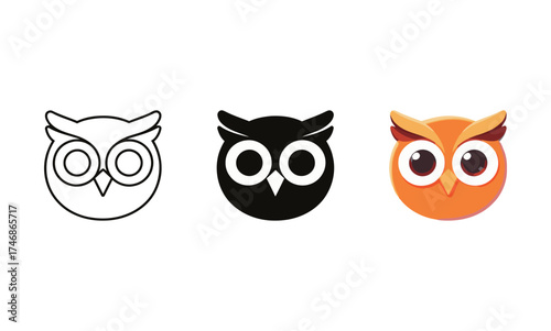 Minimalist Owl Head Avatar Icon Set - Outline, Solid, and Colorful Vector Symbol of Bird and Mascot