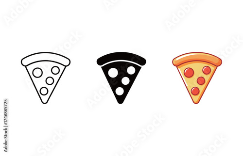Slice of Pizza Icon Set - Outline, Solid, and Colorful Vector Symbol of Fast Food, Italian Cuisine, and Delivery