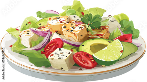 Vibrant Tofu Salad with Fresh Vegtables, Lime, and Avocado