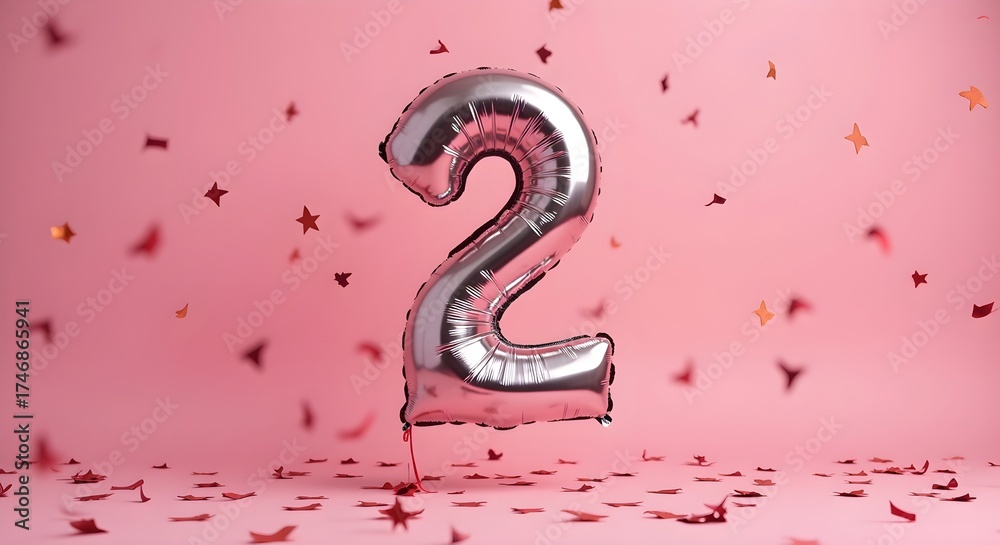 Obraz premium Silver number 2 balloon with confetti on a pink background.