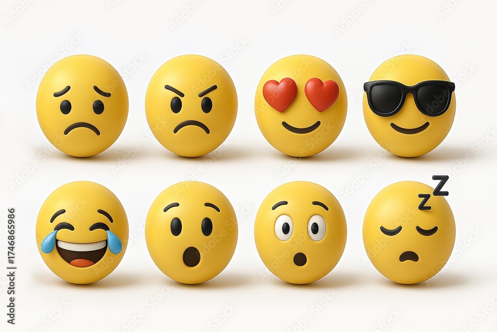 Fototapeta premium Diverse Expressions of Emoji Faces Show Emotions in Playful and Colorful Style