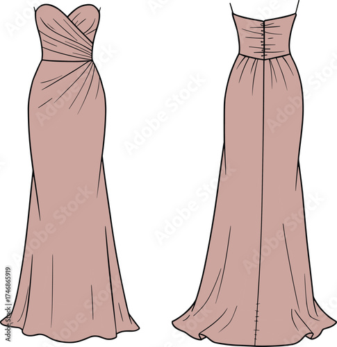 Strapless evening gown, sweetheart neckline, ruched bodice, floor length dress, rose color formal wear, elegant women fashion, luxury couture design