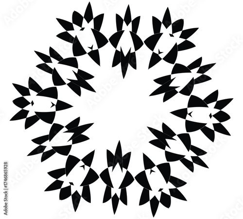 a black and white mandala, a spiritual and ritualistic symbol in Hinduism and Buddhism. The term "mandala" is Sanskrit for "circle" and represents the universe and the journey from the outer world to 