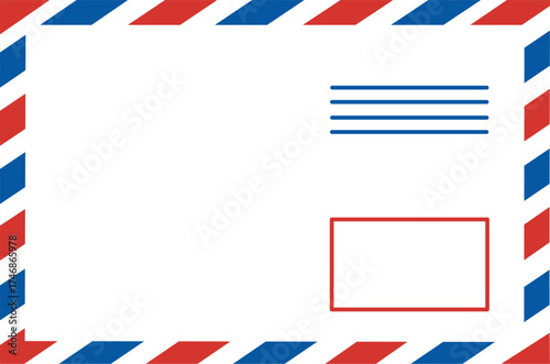 Minimalist vintage airmail envelope border in red and blue with clean white background and empty space for letter, message, or postal design, perfect for correspondence, stationery templates