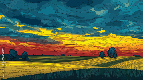 Stunning Sunset Sky and Rolling Fields Landscape Vector Illustration
