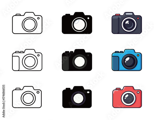 Digital Camera Icon Set in Outline, Silhouette, and Color Styles - Photography and Media Symbol Collection