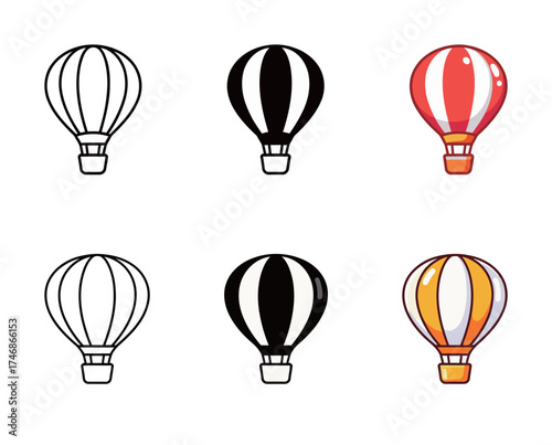 Hot Air Balloon Icon Set - Outline, Solid, and Colorful Vector Symbol of Adventure, Travel, and Flight