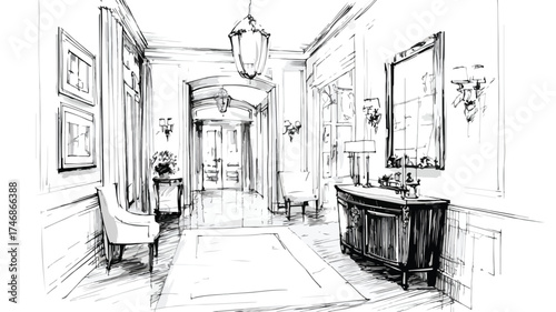 Luxurious Hallway Interior Design Sketch for Elegant Home Decor and Architecture Inspiration