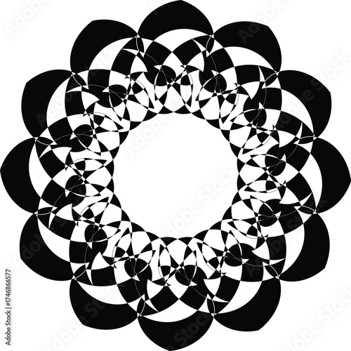 a black and white mandala, a spiritual and ritualistic symbol in Hinduism and Buddhism. The term 