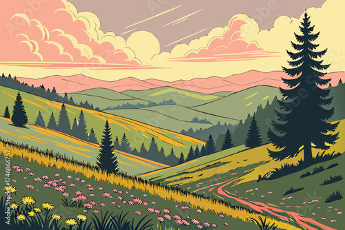  detailed beautiful vibrant scenic landscape illustration, rolling hills, fields, meadows, forests, trees, clouds, sunrise, sunset, vivid colors, digital art, concept art, matte painting