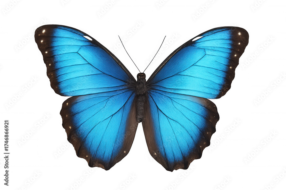 Obraz premium Blue morpho butterfly with bright iridescent wings. Tropical insect with open wings on transparent background