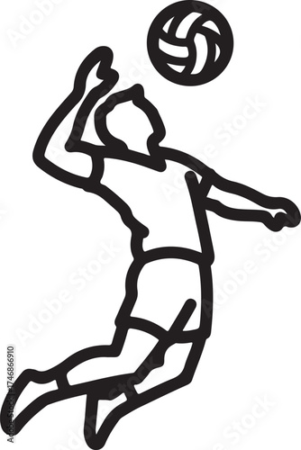 Vector art of volleyball player icon showcases a dynamic athlete spiking the ball, embodying the energy and skill of the sport, perfect for representing athletic competition and teamwork on