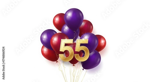 Elegant 55th Birthday Card Design – Large Gold Number 55 with Purple and Red Balloons on White Background – Realistic High Definition Aesthetic Illustration – Clean Minimal Style with Copy Space