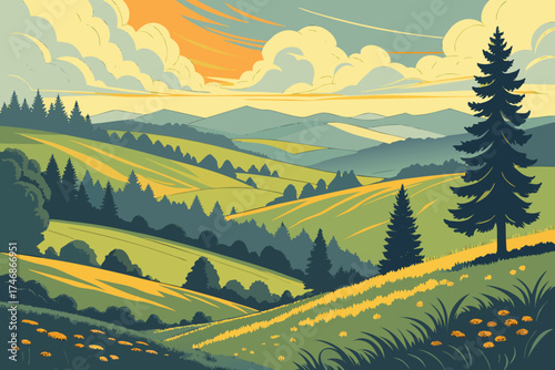  detailed beautiful vibrant scenic landscape illustration, rolling hills, fields, meadows, forests, trees, clouds, sunrise, sunset, vivid colors, digital art, concept art, matte painting