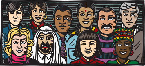 Colorful woodcut-style illustration showing a diverse group of people from around the world. This multicultural artwork celebrates global unity, inclusion, and cultural diversity with unique clothing 