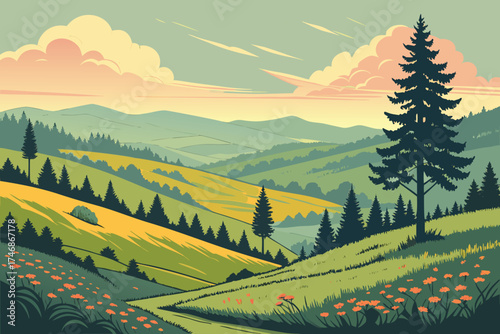  detailed beautiful vibrant scenic landscape illustration, rolling hills, fields, meadows, forests, trees, clouds, sunrise, sunset, vivid colors, digital art, concept art, matte painting