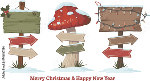 Christmas wooden signboards with arrows and mushroom, winter snow decoration, festive lights, Merry Christmas and Happy New Year illustration