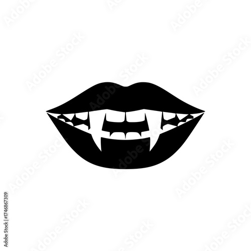 Spooky vampire fangs silhouette, Halloween party invitation design element, scary teeth for horror night