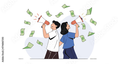 Two people promoting a business opportunity with cash raining down around them.

