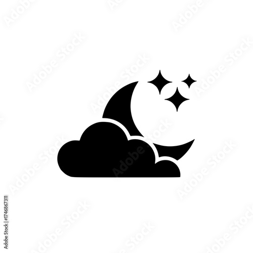 Dreamy night scene featuring a crescent moon nestled in a cloud with twinkling stars above it