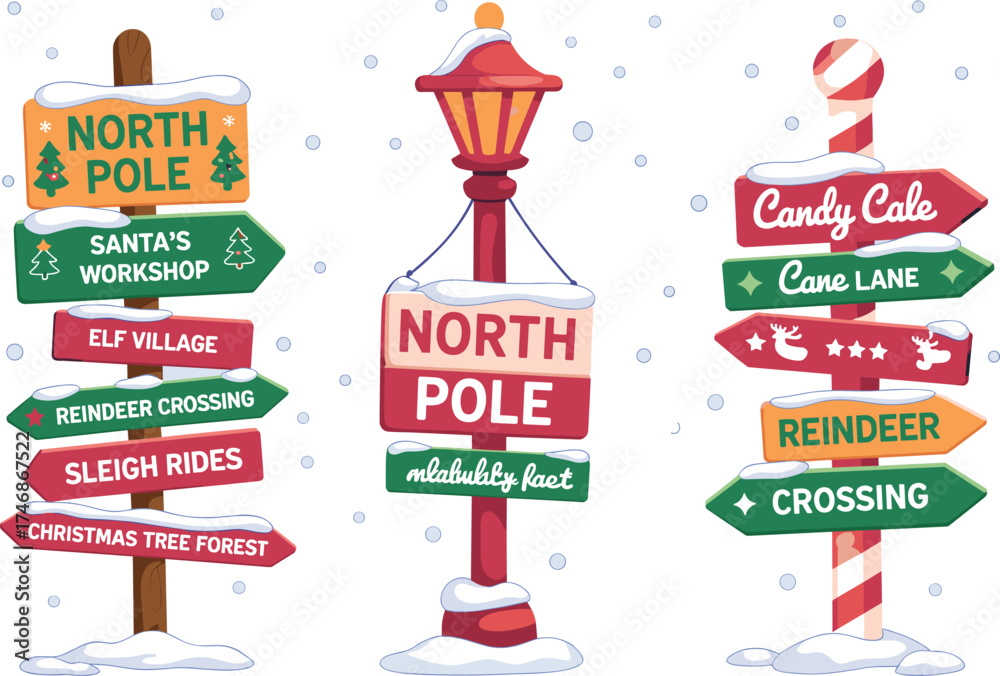 Fototapeta premium Colorful Christmas signposts with Santa’s workshop, elf village, reindeer crossing, and North Pole directions, festive winter holiday illustration