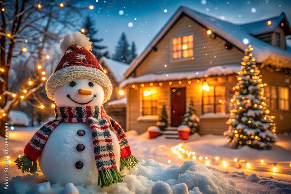 Obraz premium Charming snowman with festive scarf and hat stands proudly in a snowy yard decorated with twinkling christmas lights and a cozy house