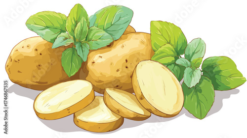 Green Leaves Wrapped Whole and Sliced Potatoes for Fresh Concept in Cooking and Culinary Art