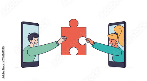 Connecting people through online puzzle pieces on phones.

