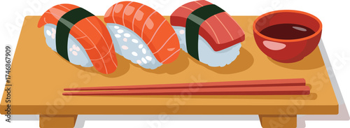 Japanese sushi set illustration with nigiri, chopsticks, and soy sauce bowl on wooden tray, traditional Asian food concept