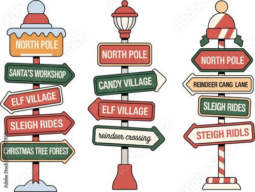 Colorful Christmas signposts with Santa’s workshop, elf village, reindeer crossing, and North Pole directions, festive winter holiday illustration