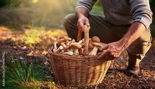 Detail of man's hands putting harvested mushrooms in a basket  in the forest. Generated image