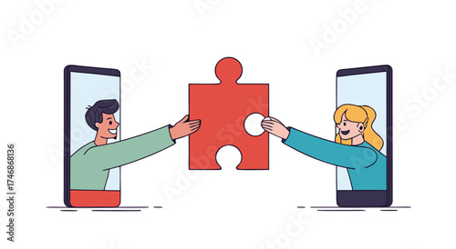 Connecting people through online puzzle pieces on phones.

