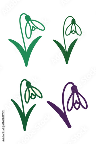 Four stylized snowdrop flower icons in green and purple symbol spring