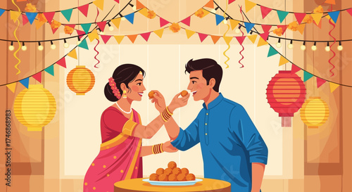 Festive Celebration Scene with Woman in Sari Feeding Sweets to Man in Kurta Amid Lanterns and Colorful Decorations