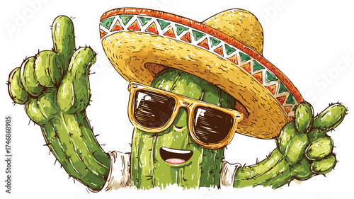 Cheerful Cactus Wearing Sombrero Sunglasses Greeting in Vector Graphic