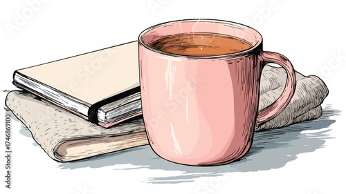 Cozy Study Break with Hot Coffee Mug, Notebook, and Warm Drink for Relaxation