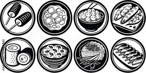 Vector art collection of various Asian street food icons in circular monochrome, perfect for stamp, icon, sign, or any design