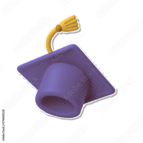 Graduate single sticker. Halftone effect student hand, cap in sky. Education graduation congratulation torn out paper element. Celebrate grad class of 2026, cool fun art collage design. Vector