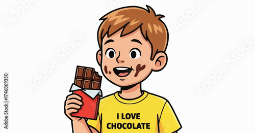 Joyful child messy face delighted by delicious chocolate bar treat