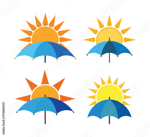 Four sun and umbrella icons with blue and orange colors weather protection